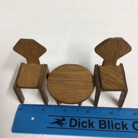 Vintage Miniature Wooden Dollhouse Furniture Sets 4 chairs & 2 round Tables - Picture 14 of 15